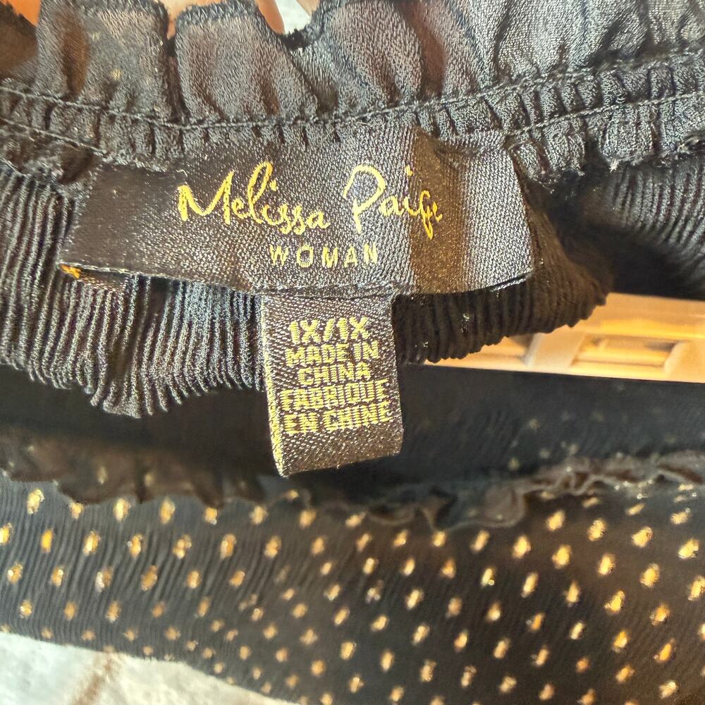 Melissa Paige 1X Black Gold Polka Dot Smocked Peplum Blouse Boho Stretch Top - Picture 6 of 7